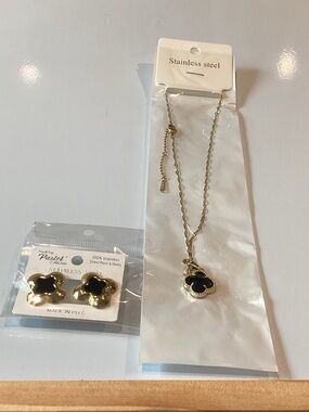 Gold Stainless Steel Necklace and Earring Set with Black Clover Accent